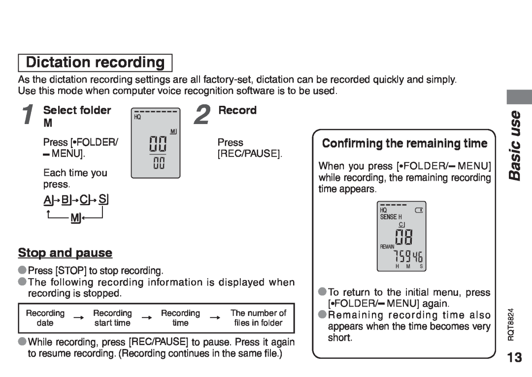 Technics RR-US470 Dictation recording, Basic use, Stop and pause, MSelect folder, Record, Confirming the remaining time 