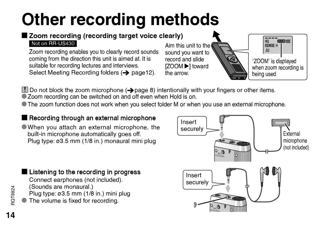 Technics RR-US450, RR-US490, RR-US470, RR-US430 Other recording methods, g Zoom recording recording target voice clearly 