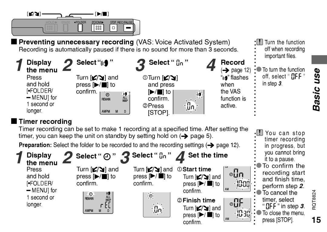 Technics RR-US430 g Preventing unnecessary recording VAS Voice Activated System, Display, the menu, g Timer recording 