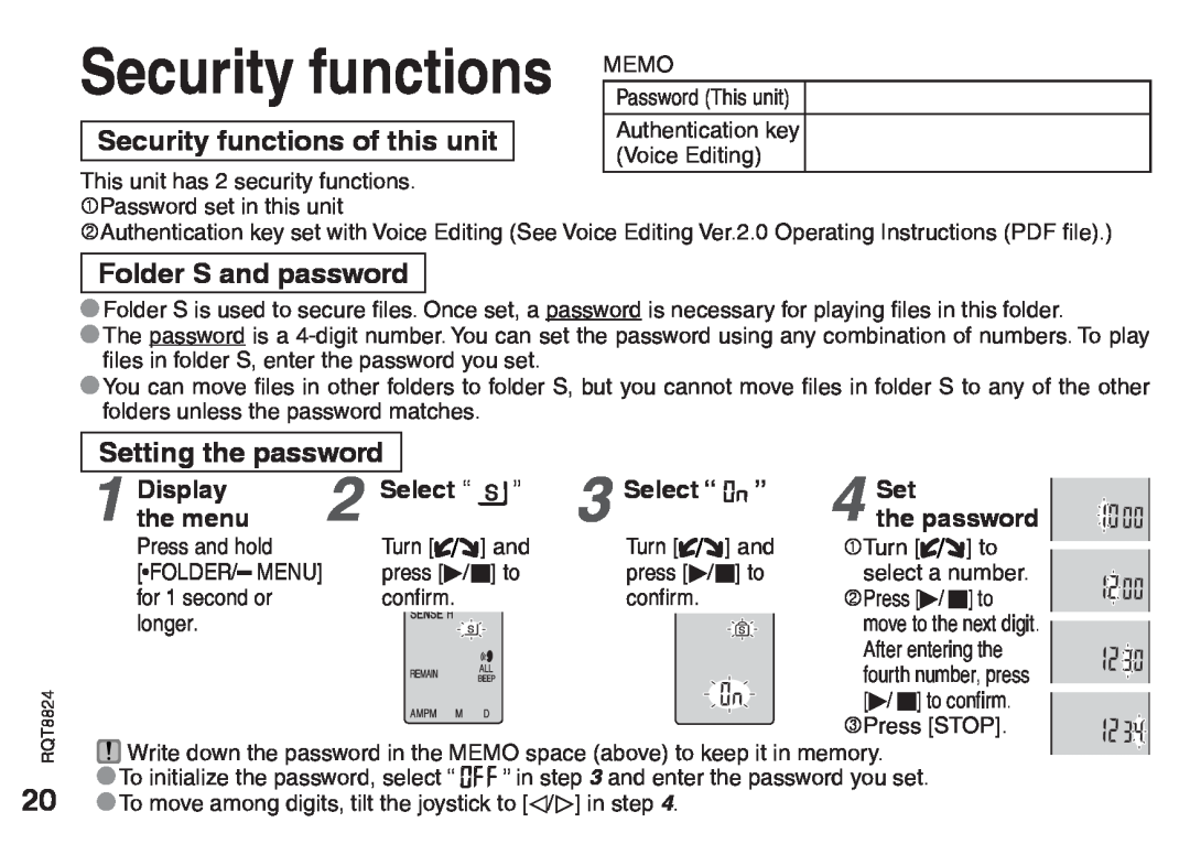 Technics RR-US490 Security functions of this unit, Folder S and password, Setting the password, Select “ ”, theDisplaymenu 
