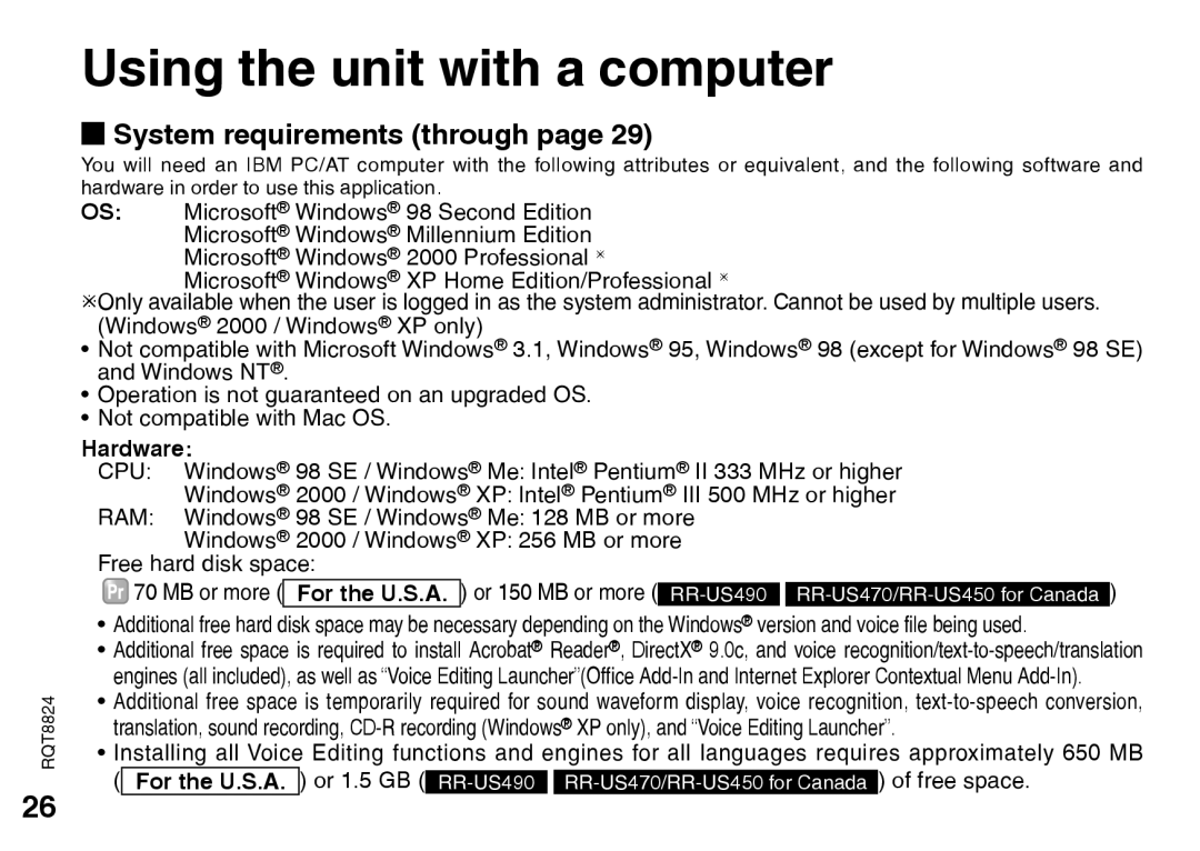 Technics RR-US450, RR-US490, RR-US470, RR-US430 g System requirements through page, Using the unit with a computer, Hardware 