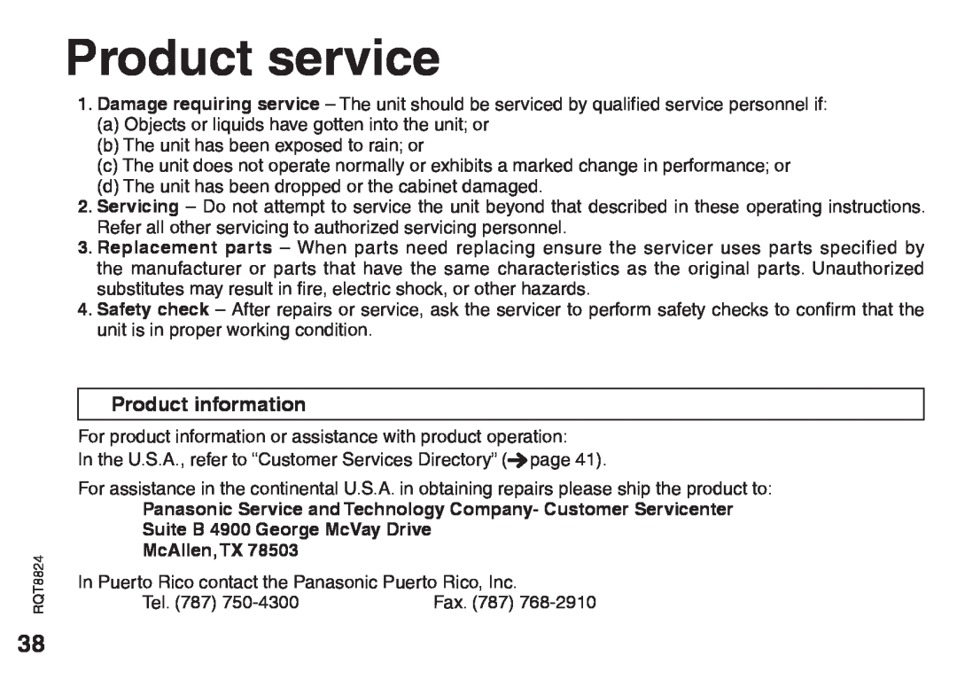Technics RR-US450, RR-US490, RR-US470, RR-US430 warranty Product service, Product information 