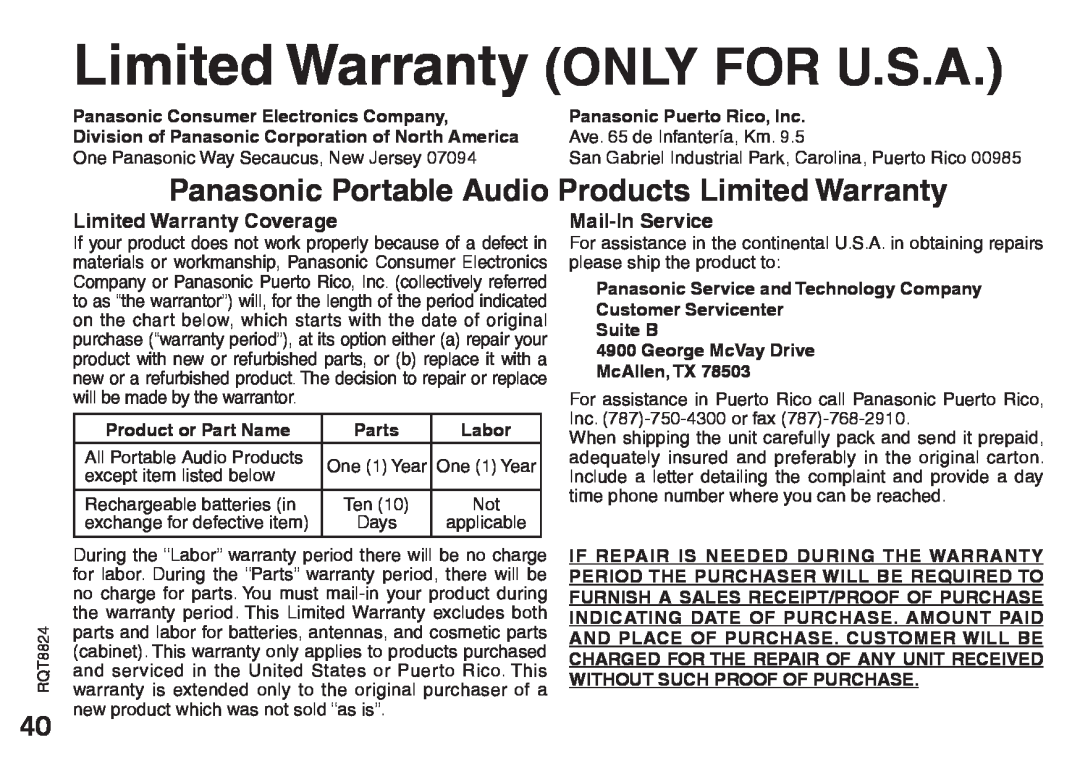 Technics RR-US490 Limited Warranty ONLY FOR U.S.A, Panasonic Portable Audio Products Limited Warranty, Parts, Labor 