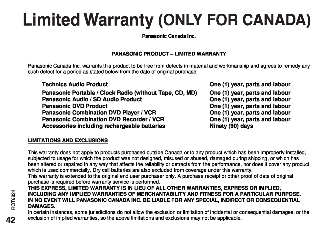 Technics RR-US450, RR-US490 Limited Warranty ONLY FOR CANADA, Technics Audio Product, Panasonic Audio / SD Audio Product 
