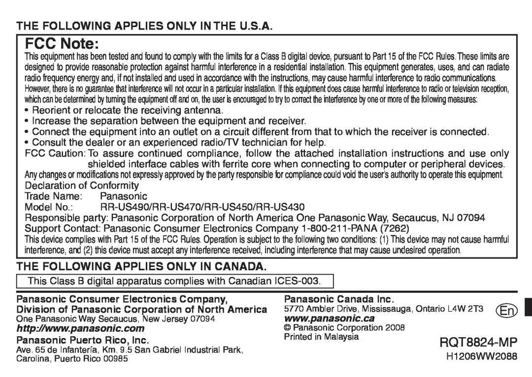 Technics RR-US490 FCC Note, The Following Applies Only In The U.S.A, The Following Applies Only In Canada, RQT8824-MP 