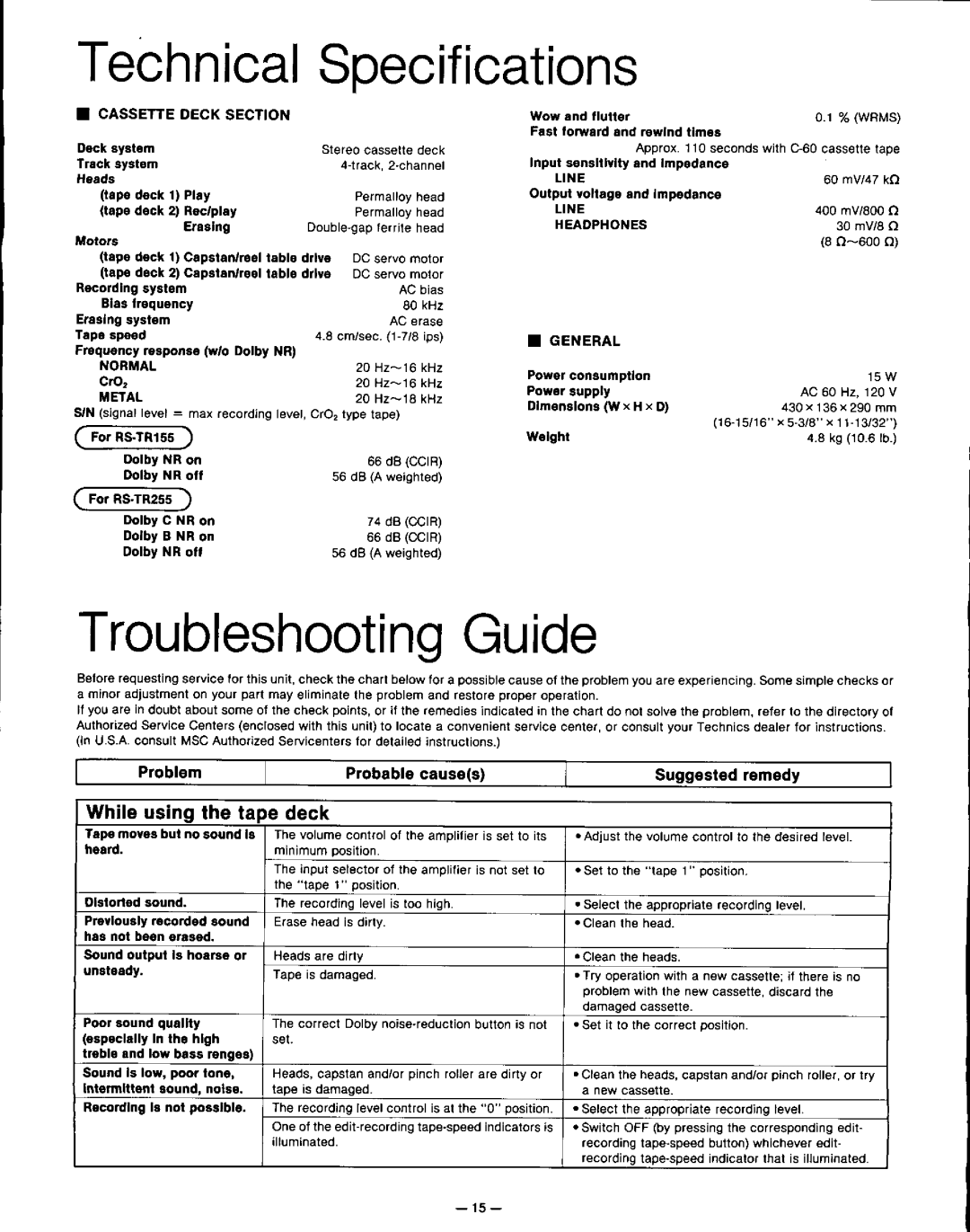 Technics RS-TR155 RS-TR255 manual 