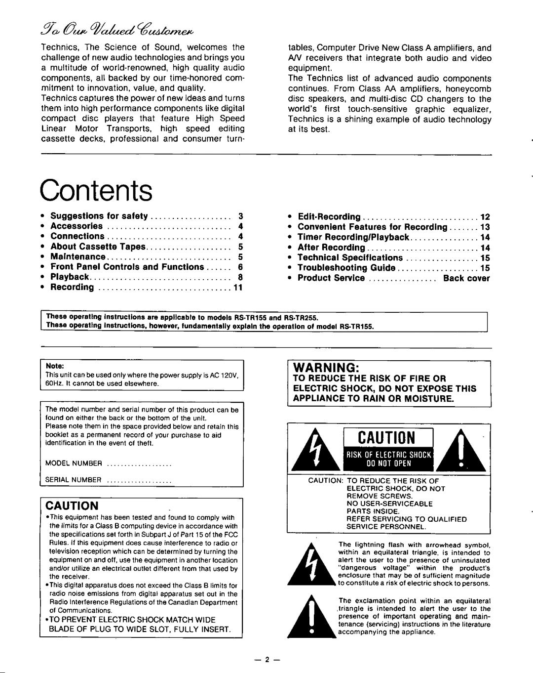 Technics RS-TR155 RS-TR255 manual 