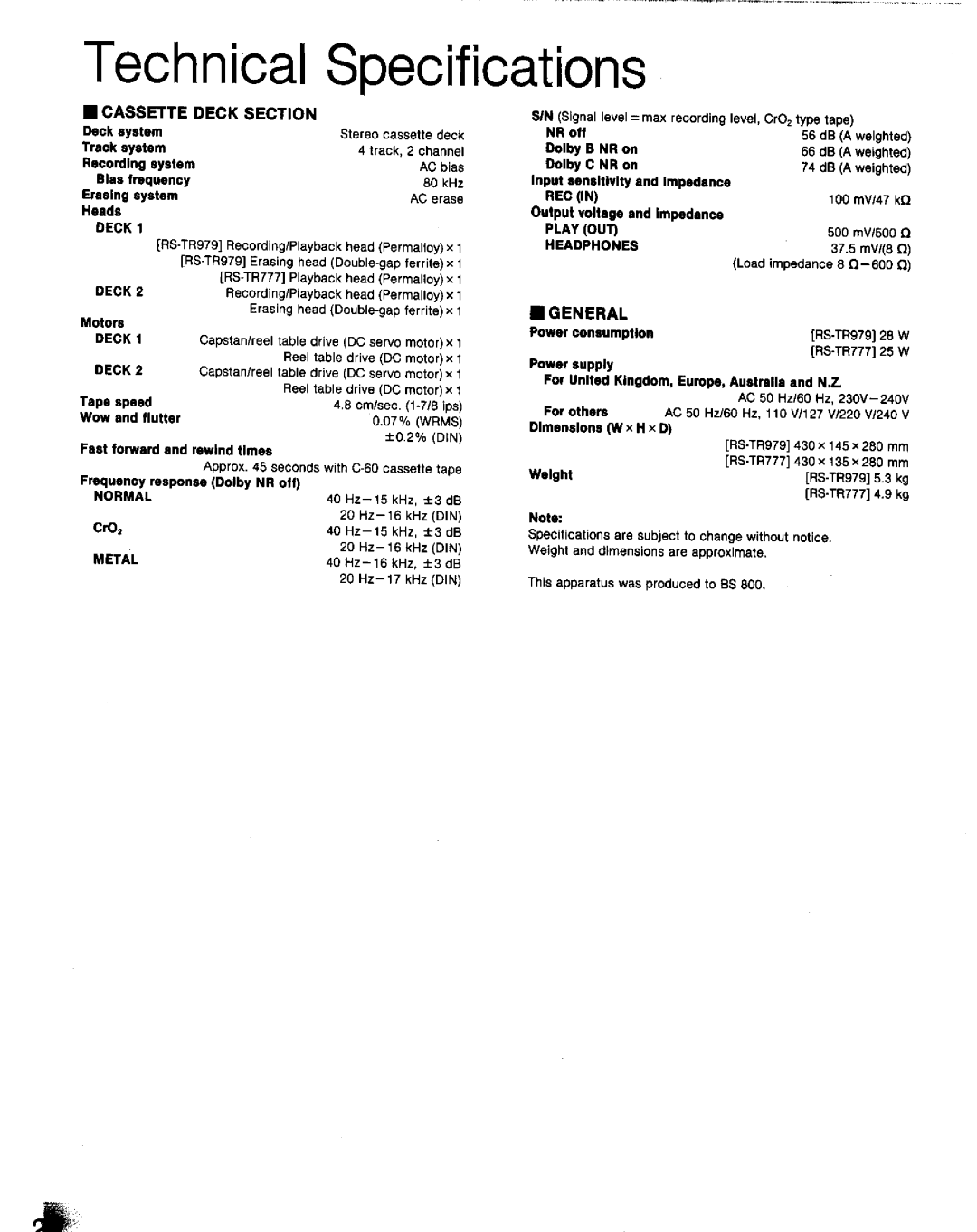 Technics RS-TR979, RS-TR777 manual 