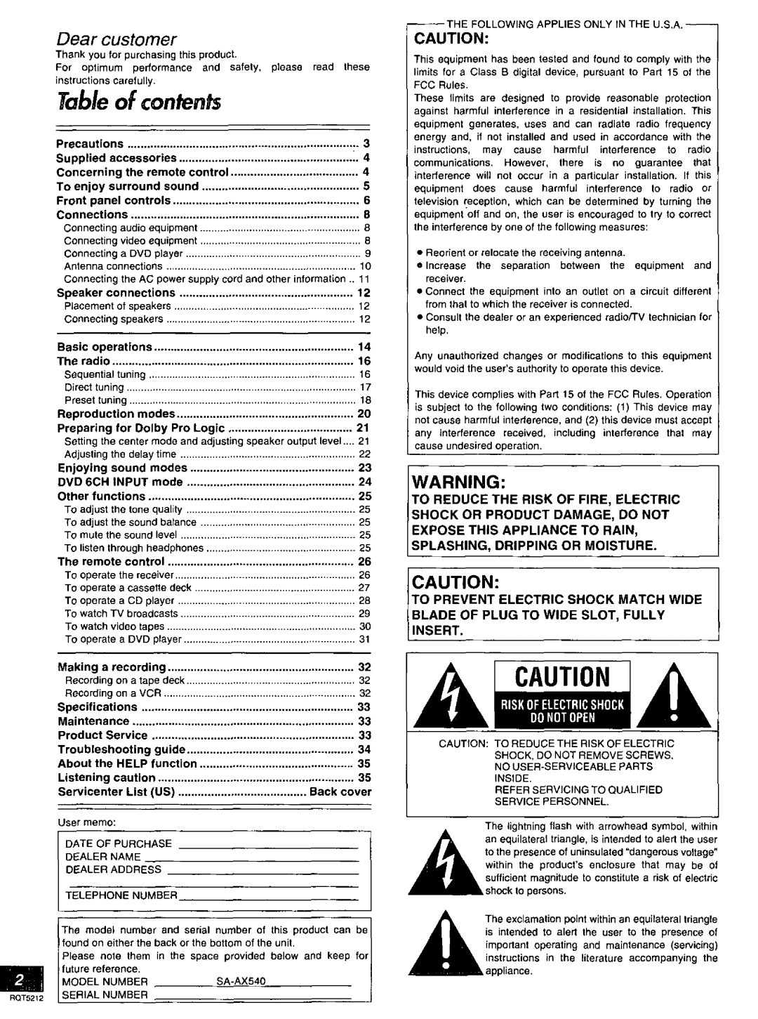 Technics SA-AX540 manual 