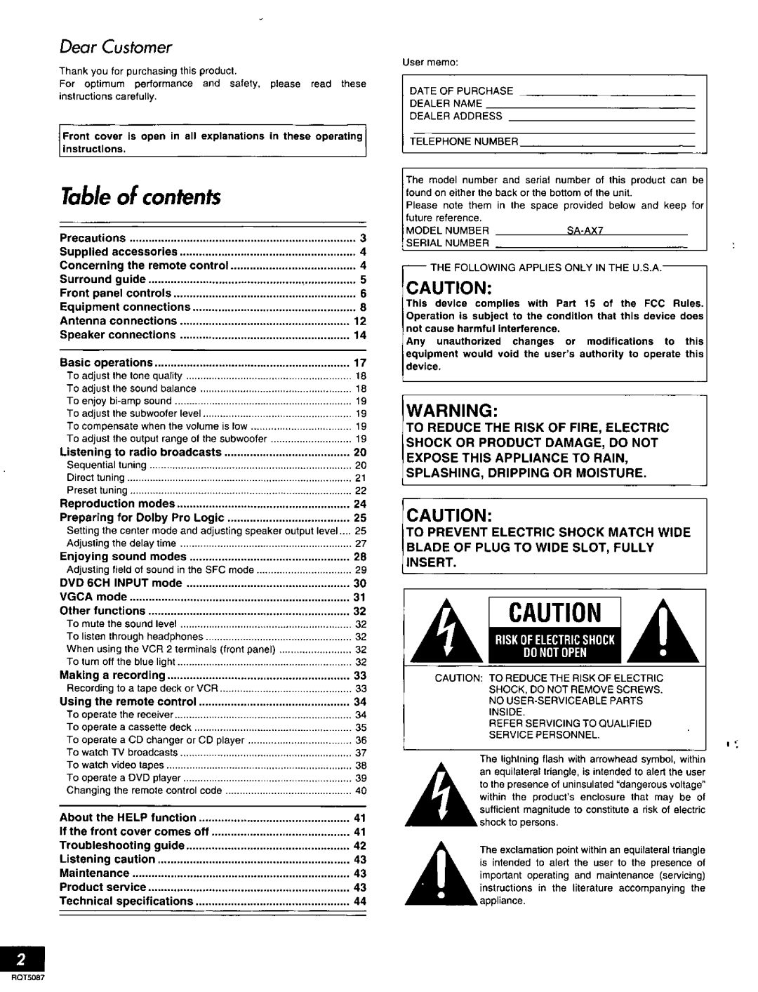 Technics SA-AX7, RQT5087-Y manual 