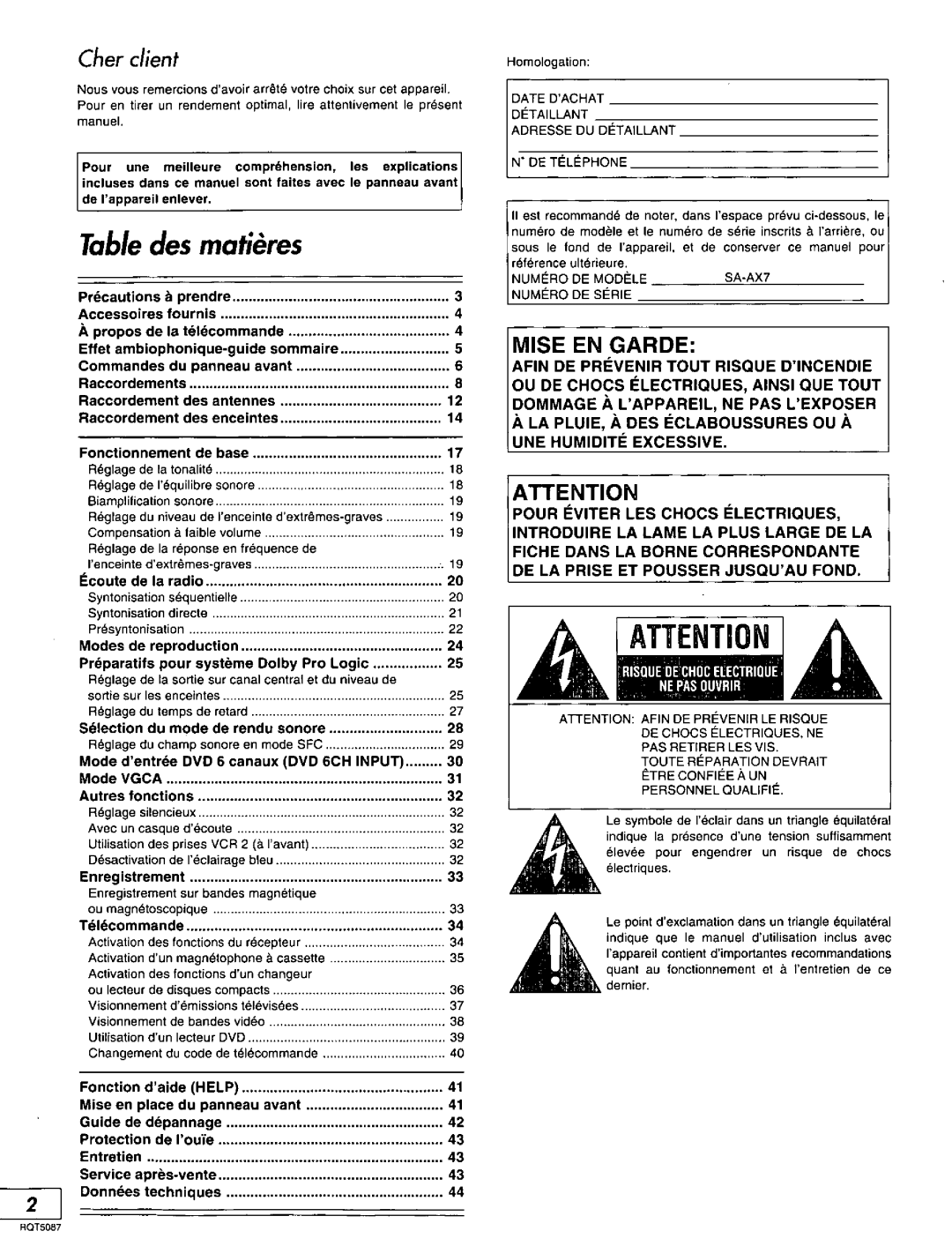 Technics SA-AX7, RQT5087-Y manual 