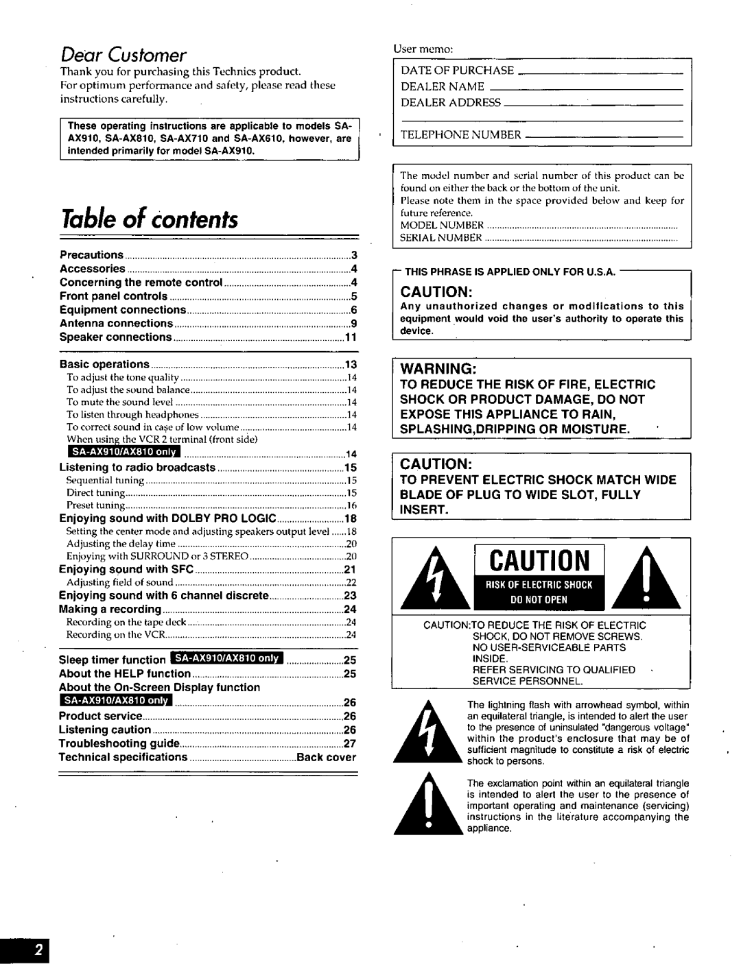 Technics SA-AX810, SA-AX910, SA-AX610 manual 