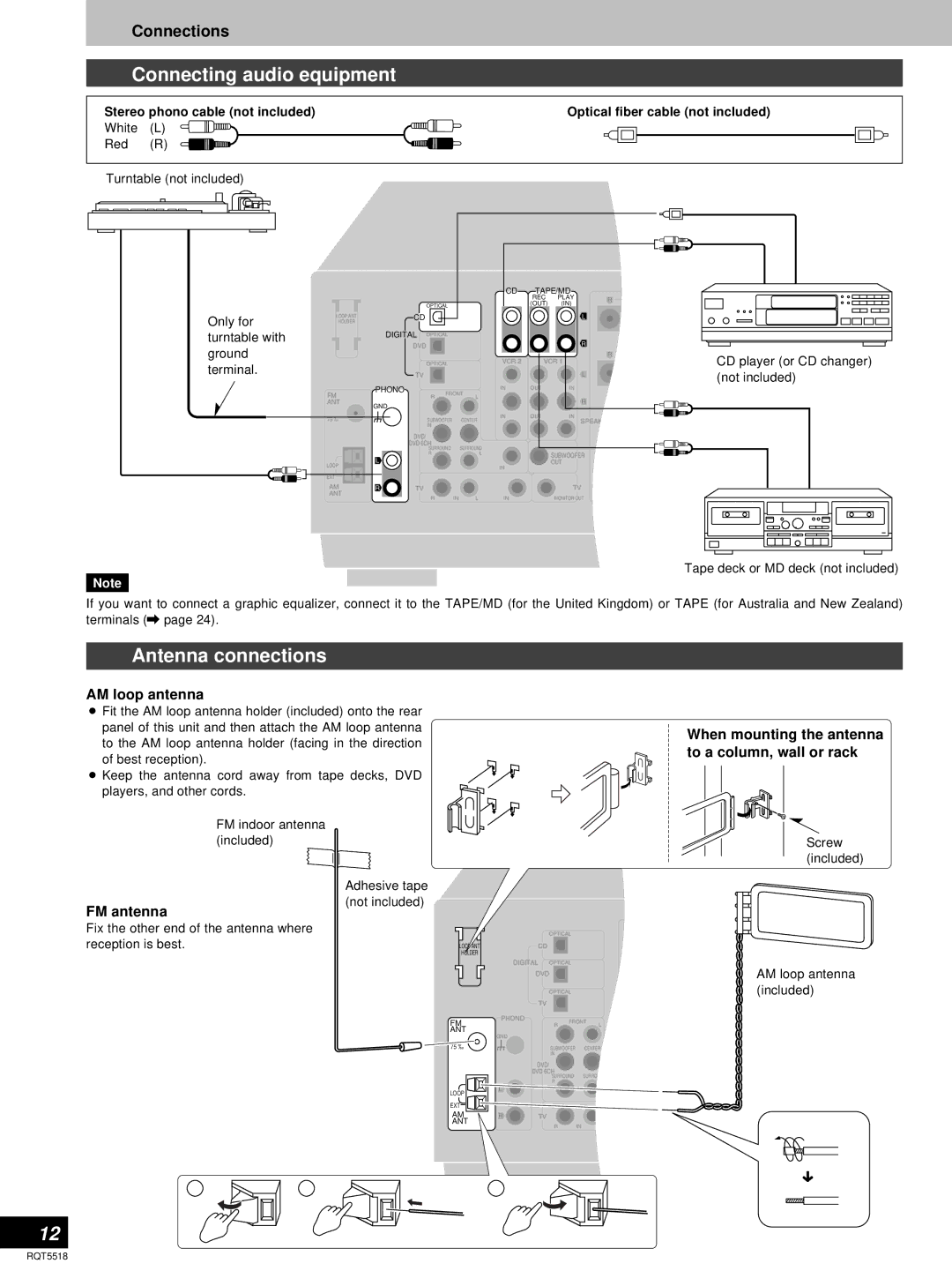 Technics SA-DA10, SA-DA8 operating instructions Connecting audio equipment, Antenna connections, Connections 