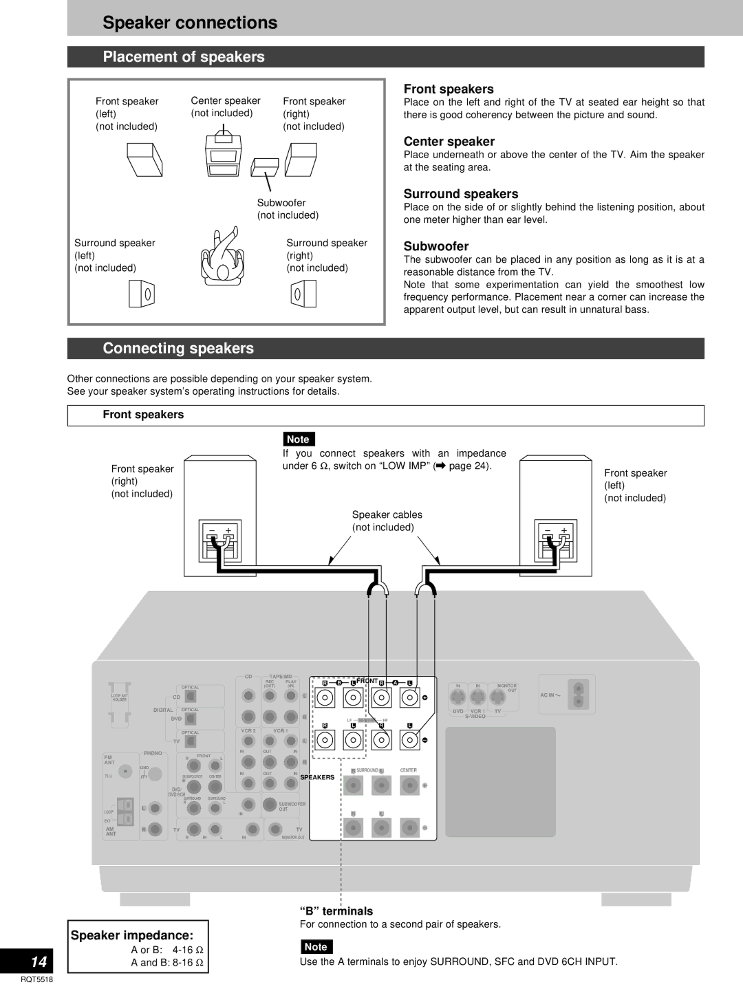 Technics SA-DA10, SA-DA8 operating instructions Speaker connections, Placement of speakers, Connecting speakers 