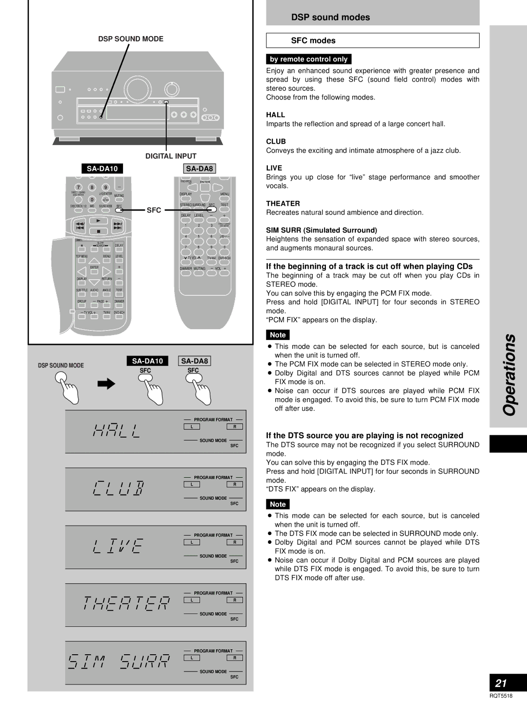 Technics SA-DA8, SA-DA10 DSP sound modes, SFC modes, If the DTS source you are playing is not recognized 