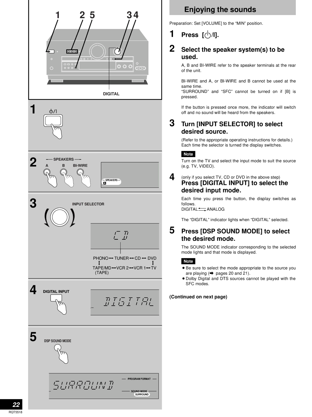 Technics SA-DA10, SA-DA8 operating instructions Enjoying the sounds, Press /l Select the speaker systems to be used 