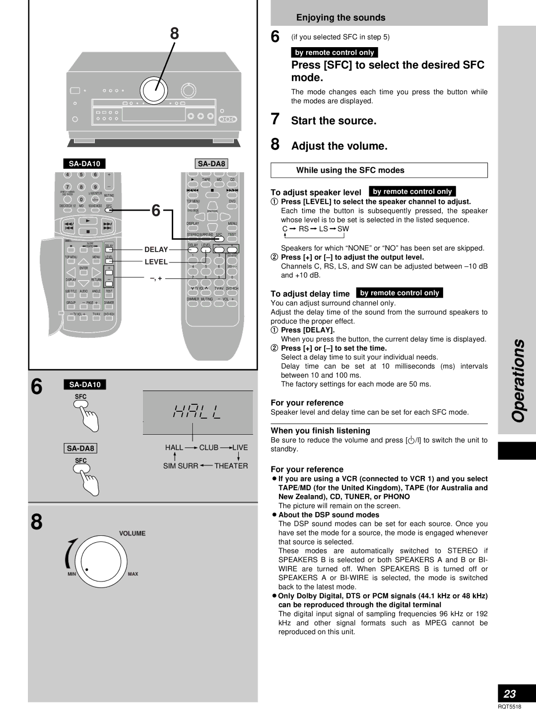 Technics SA-DA8, SA-DA10 Operations, Press SFC to select the desired SFC, Mode, Start the source Adjust the volume 