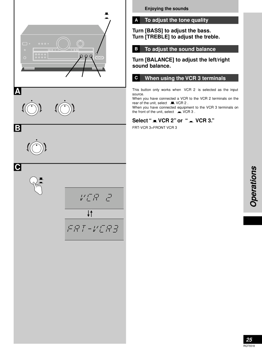 Technics SA-DA8, SA-DA10 To adjust the tone quality, To adjust the sound balance, When using the VCR 3 terminals 