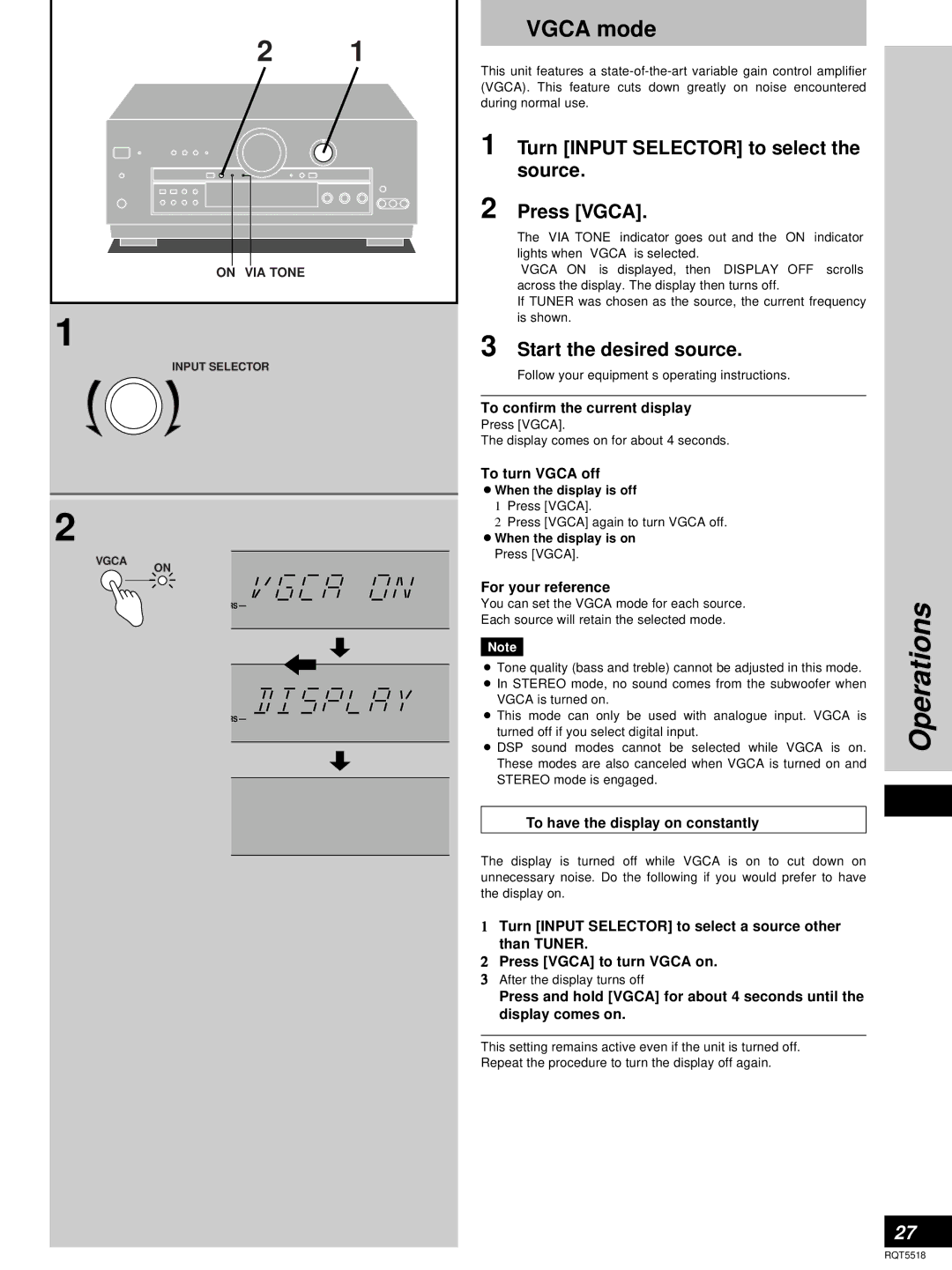 Technics SA-DA8, SA-DA10 Vgca mode, Turn Input Selector to select the source Press Vgca, To confirm the current display 