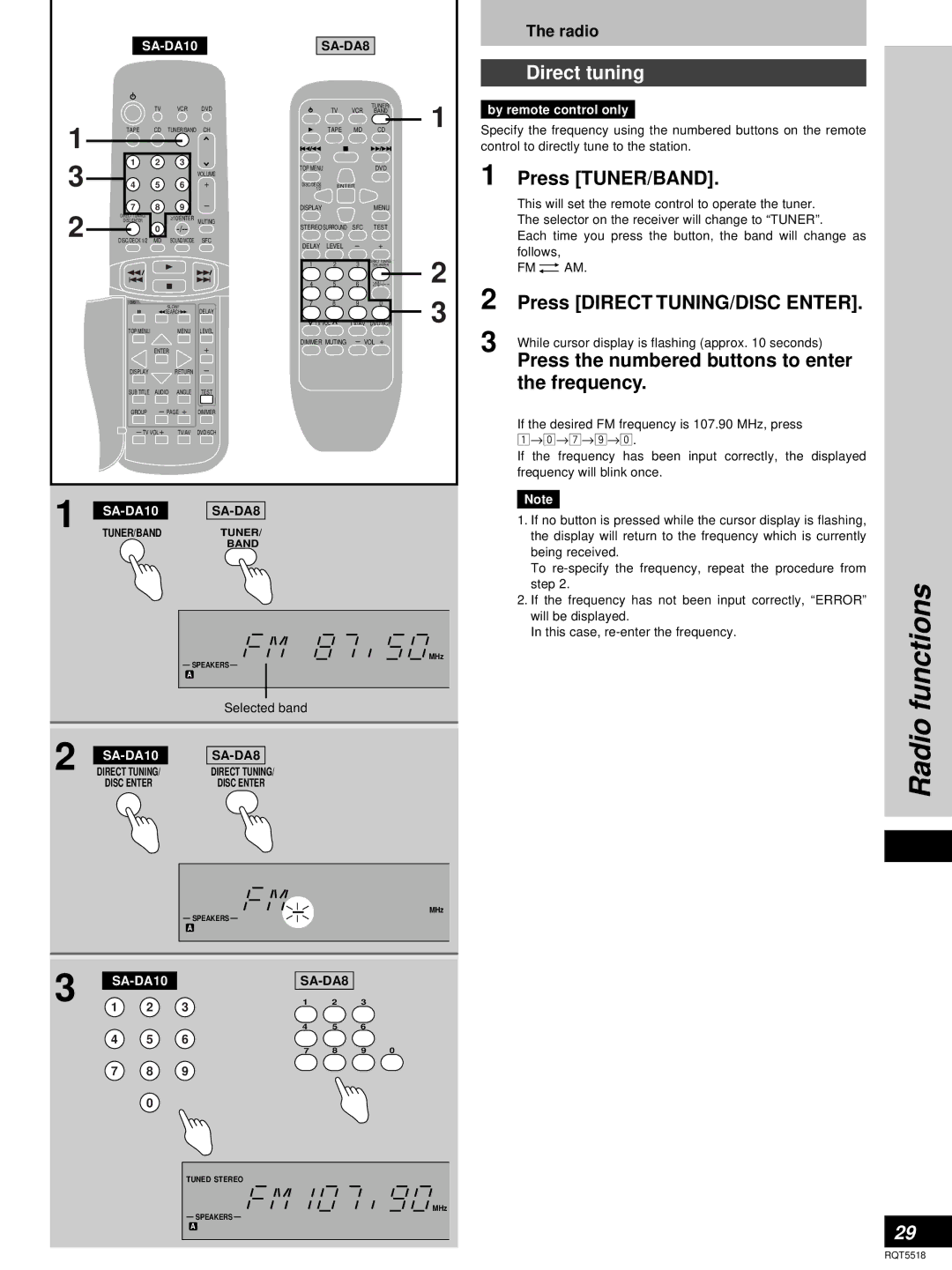 Technics SA-DA8 Functions, Radio, Direct tuning, Press TUNER/BAND, Press the numbered buttons to enter the frequency 