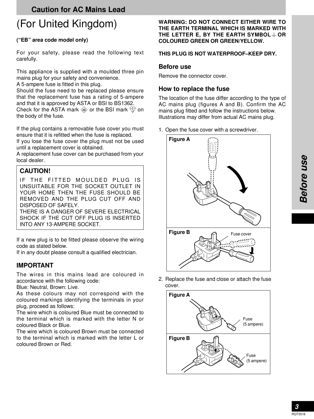 Technics SA-DA8, SA-DA10 operating instructions Before use, How to replace the fuse, EB area code model only 