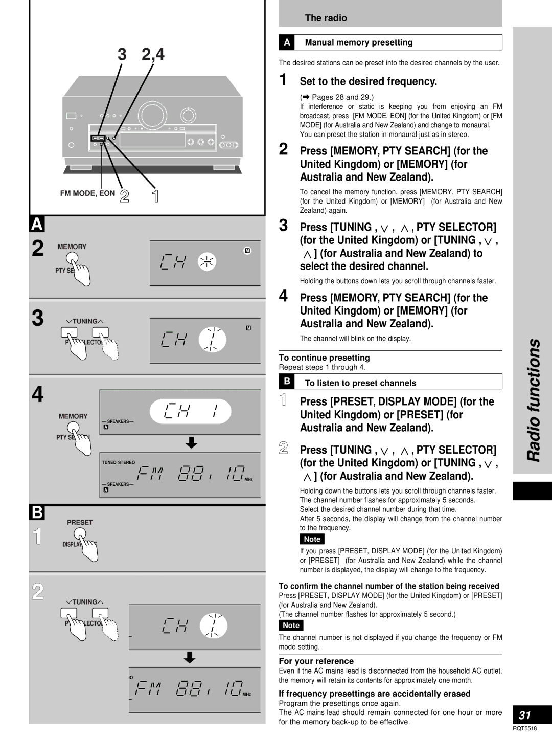 Technics SA-DA8, SA-DA10 operating instructions Radio functions 