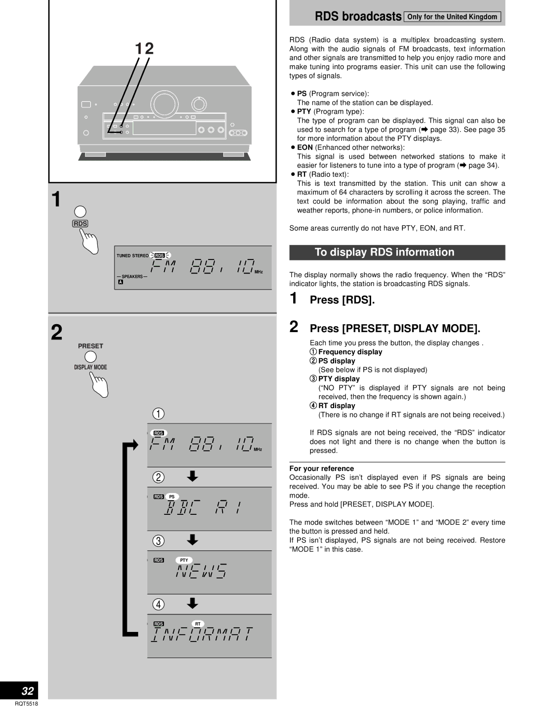 Technics SA-DA10, SA-DA8 operating instructions To display RDS information, Press RDS, Press PRESET, Display Mode 