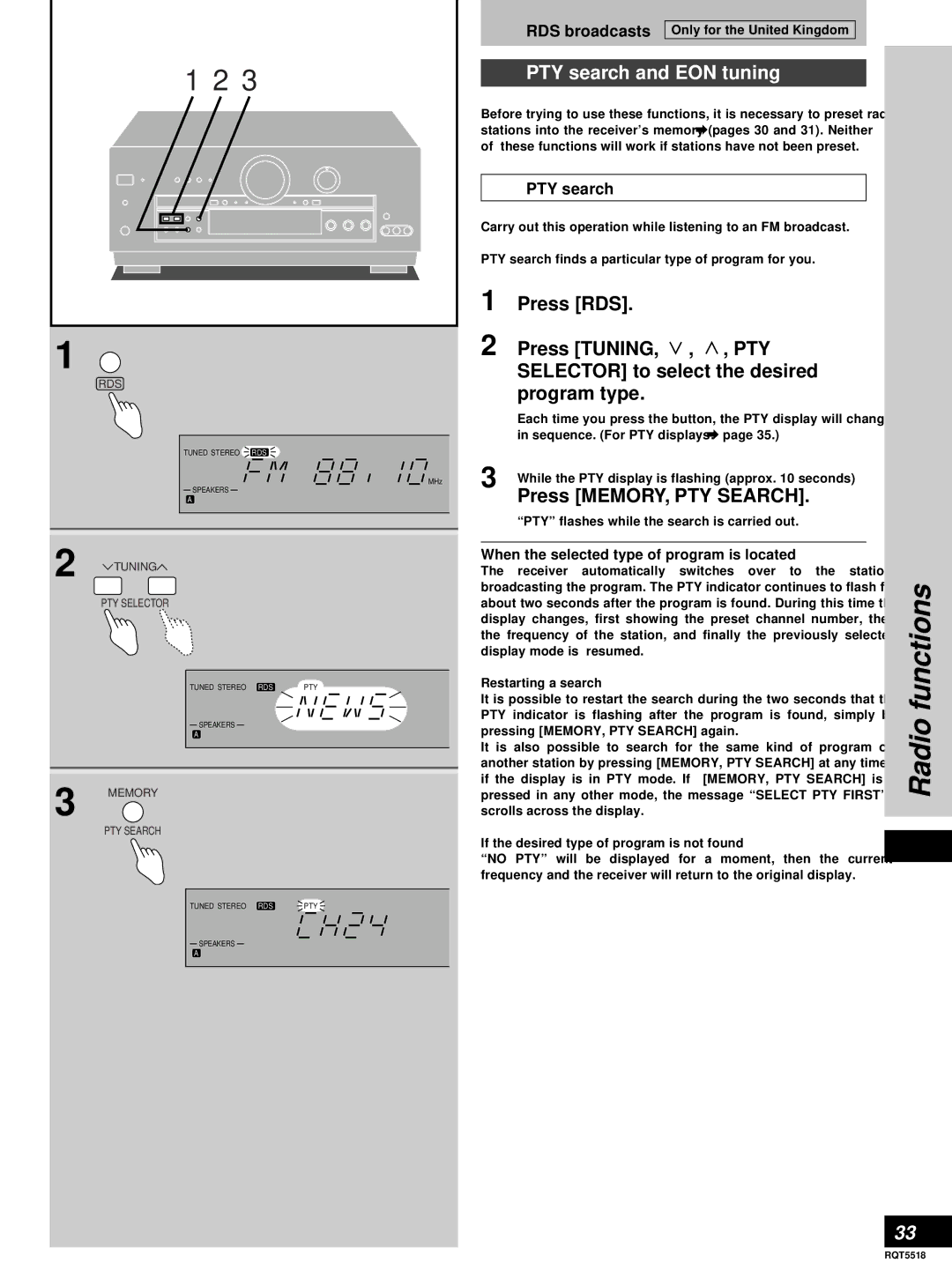 Technics SA-DA8, SA-DA10 PTY search and EON tuning, Press RDS Press Tuning, Selector to select the desired, Program type 