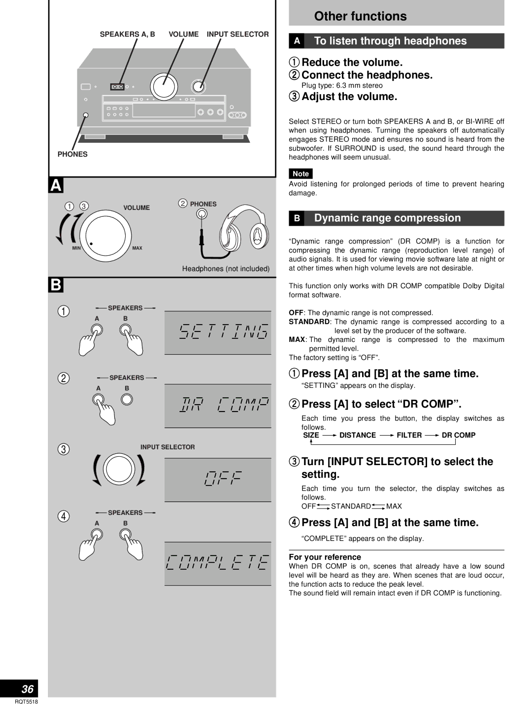 Technics SA-DA10, SA-DA8 operating instructions Other functions, To listen through headphones, Dynamic range compression 