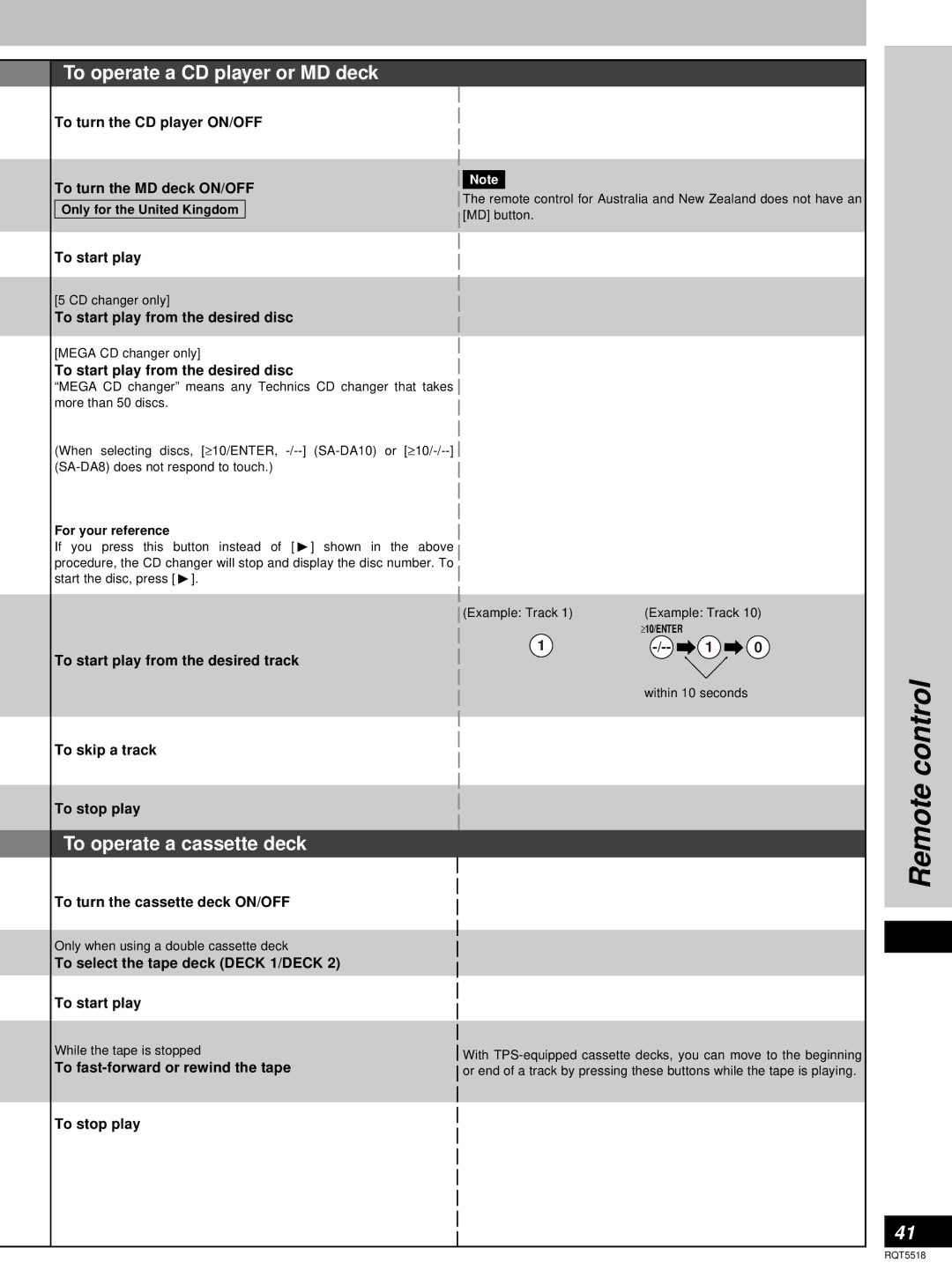 Technics SA-DA8, SA-DA10 operating instructions To operate a CD player or MD deck, To operate a cassette deck 