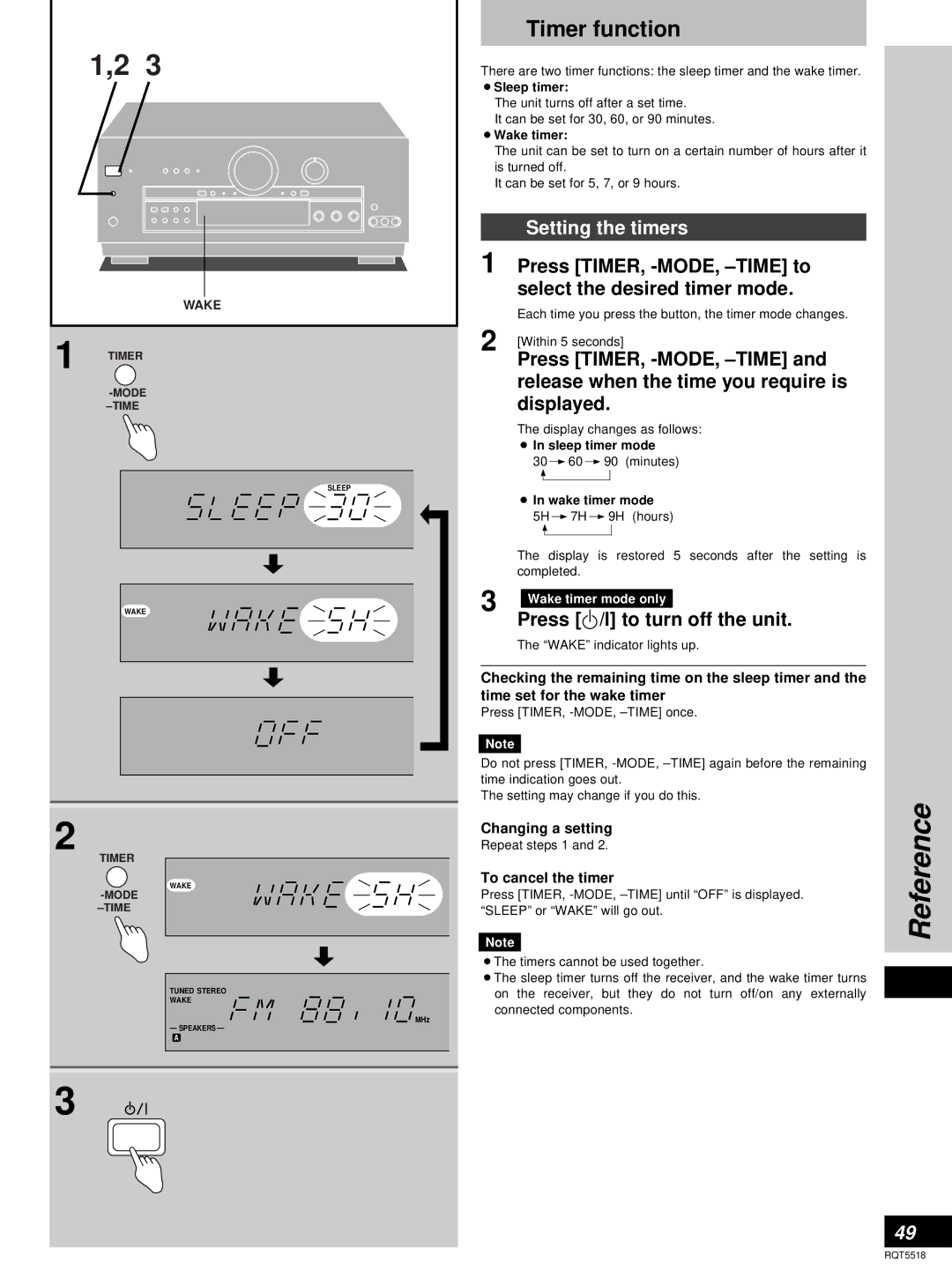 Technics SA-DA8 Reference, Timer function, Setting the timers, Press TIMER, -MODE, -TIME to select the desired timer mode 