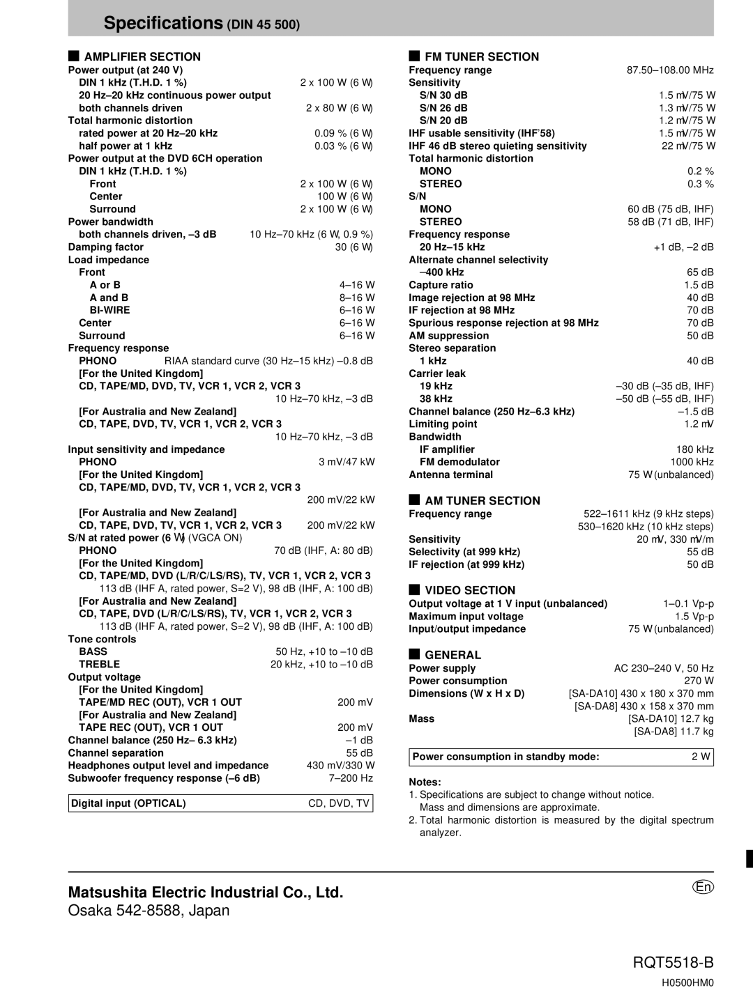 Technics SA-DA10, SA-DA8 operating instructions Specifications DIN 45 