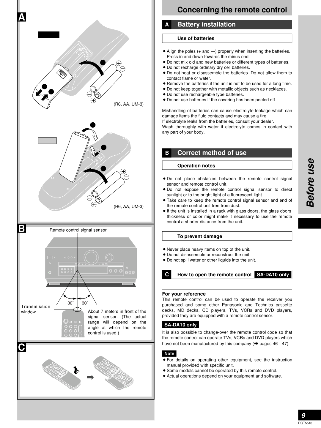 Technics SA-DA8, SA-DA10 operating instructions Concerning the remote control, Battery installation, Correct method of use 