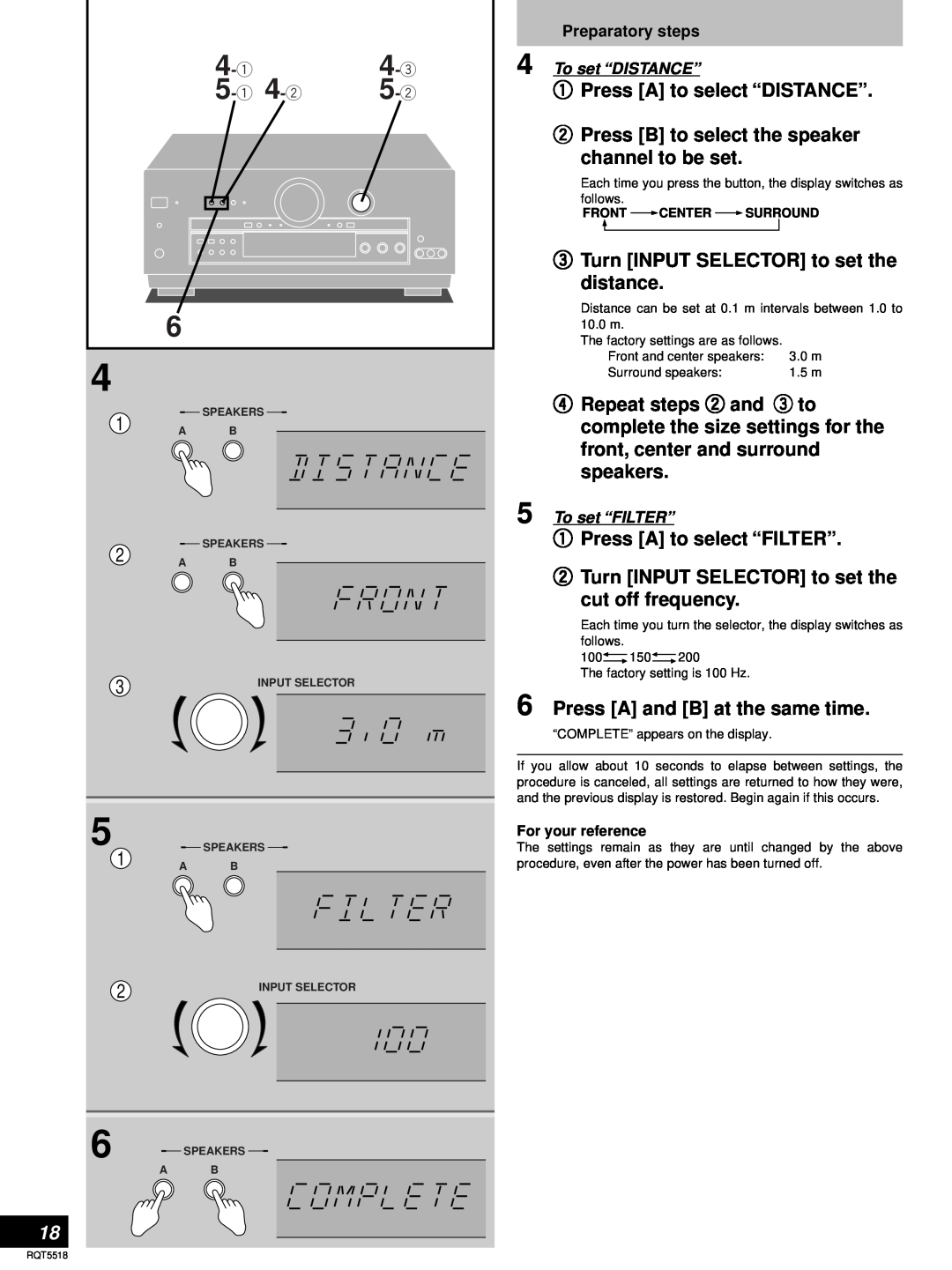 Technics SA-DA10 Press A to select “DISTANCE”, Press B to select the speaker, channel to be set, distance, speakers 