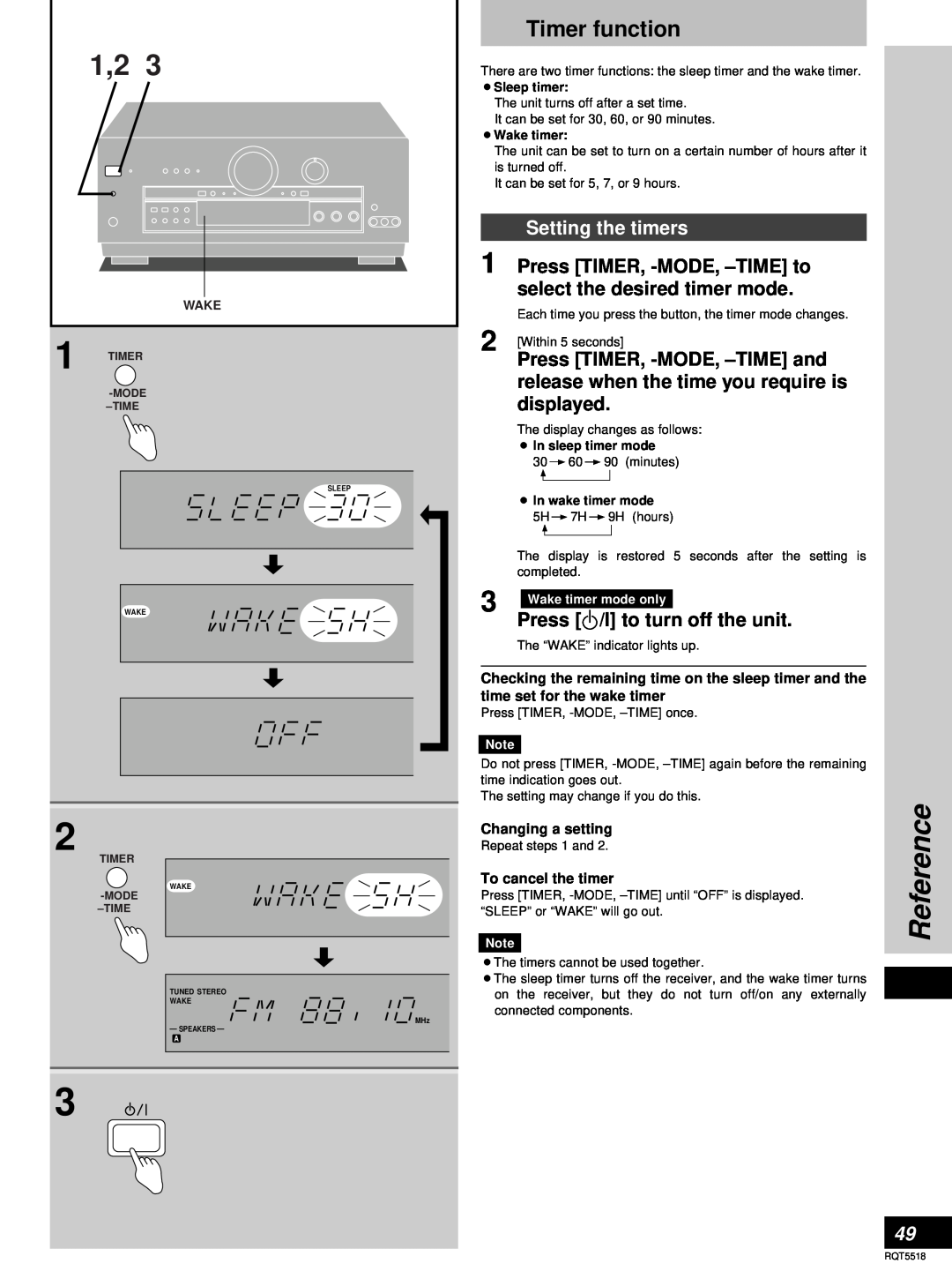 Technics SA-DA8, SA-DA10 operating instructions Reference, Timer function, Setting the timers, Press /l to turn off the unit 