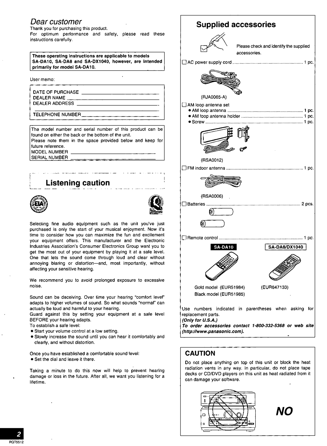 Technics RQT5512-Y, SA-DX1040, SA-DA10N, SA-DA8N manual 