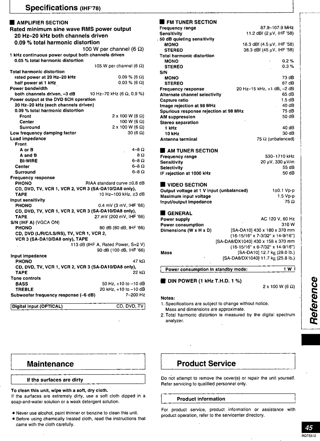 Technics SA-DA10N, SA-DX1040, RQT5512-Y, SA-DA8N manual 