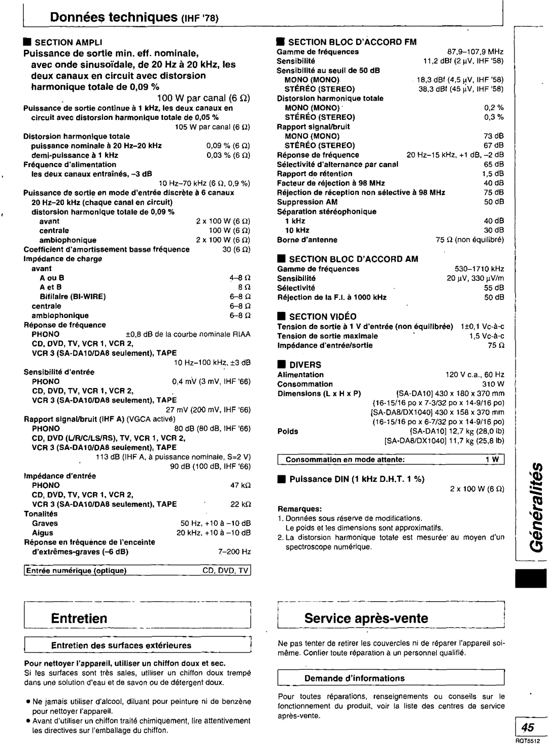 Technics SA-DA10N, SA-DX1040, RQT5512-Y, SA-DA8N manual 