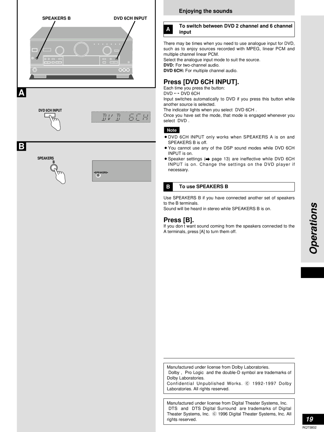 Technics SA-DX950, SA-DX1050 manual Press DVD 6CH Input, Press B, Enjoying the sounds 