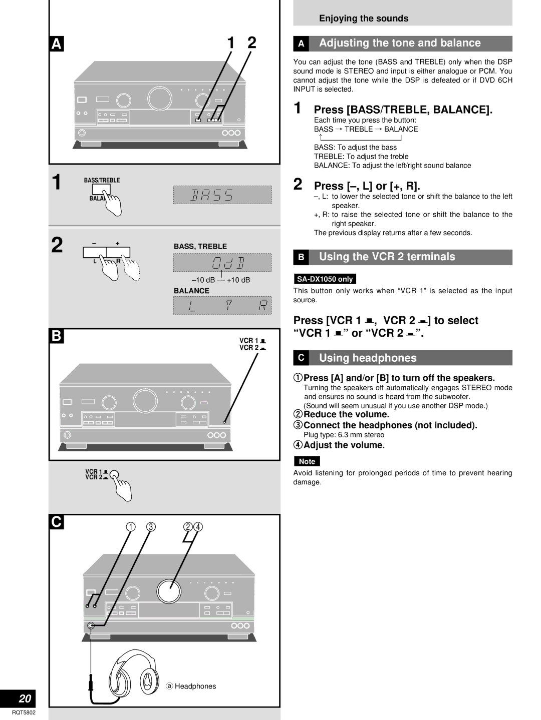 Technics SA-DX1050, SA-DX950 manual Adjusting the tone and balance, Using the VCR 2 terminals, Using headphones 