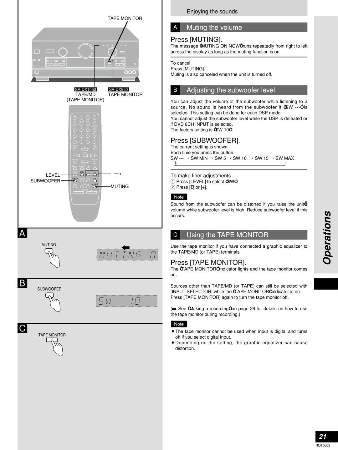 Technics SA-DX950, SA-DX1050 manual Muting the volume, Adjusting the subwoofer level, Using the Tape Monitor 