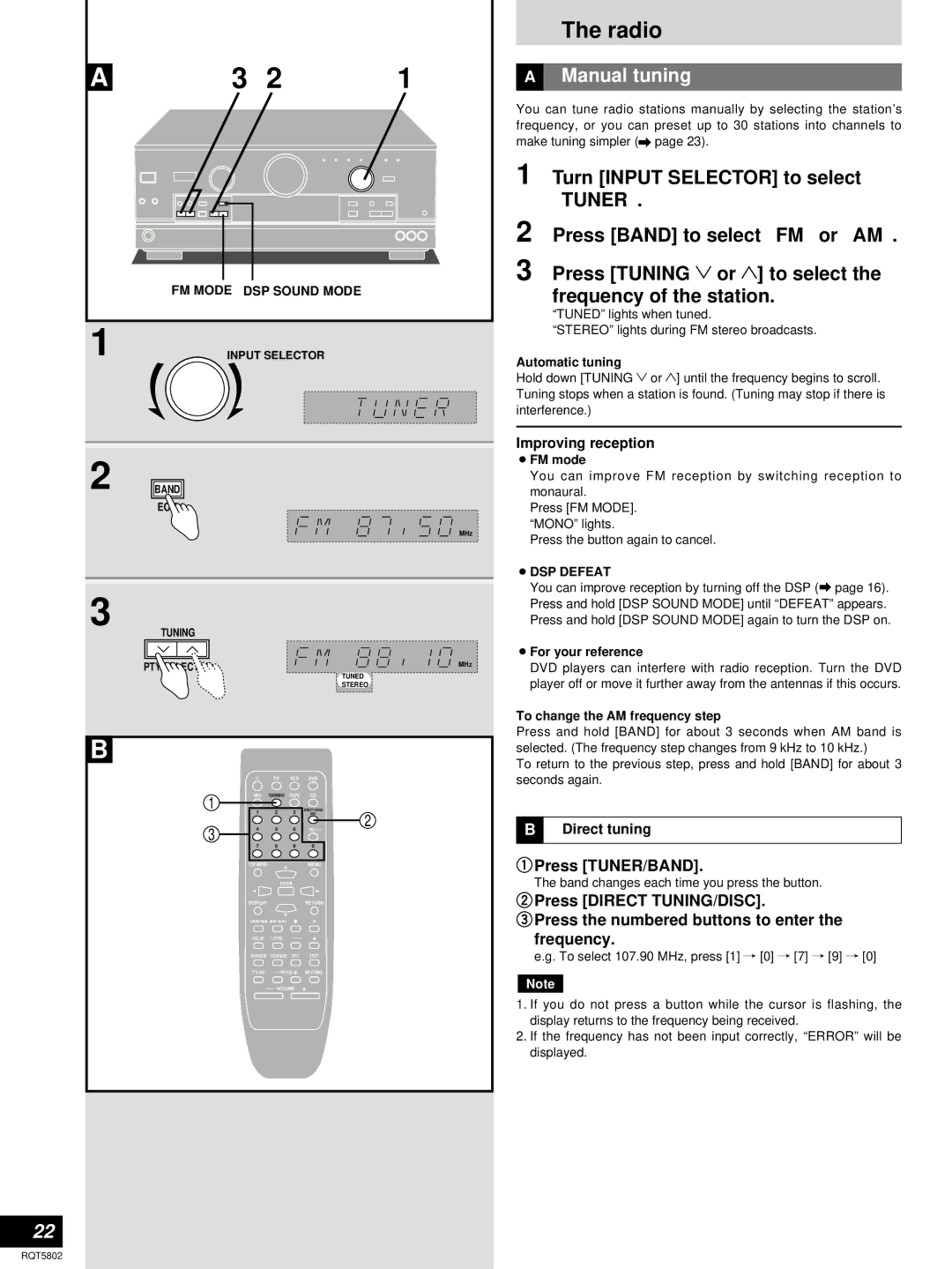 Technics SA-DX1050, SA-DX950 manual Radio, Manual tuning, Press TUNER/BAND, Improving reception, Direct tuning 