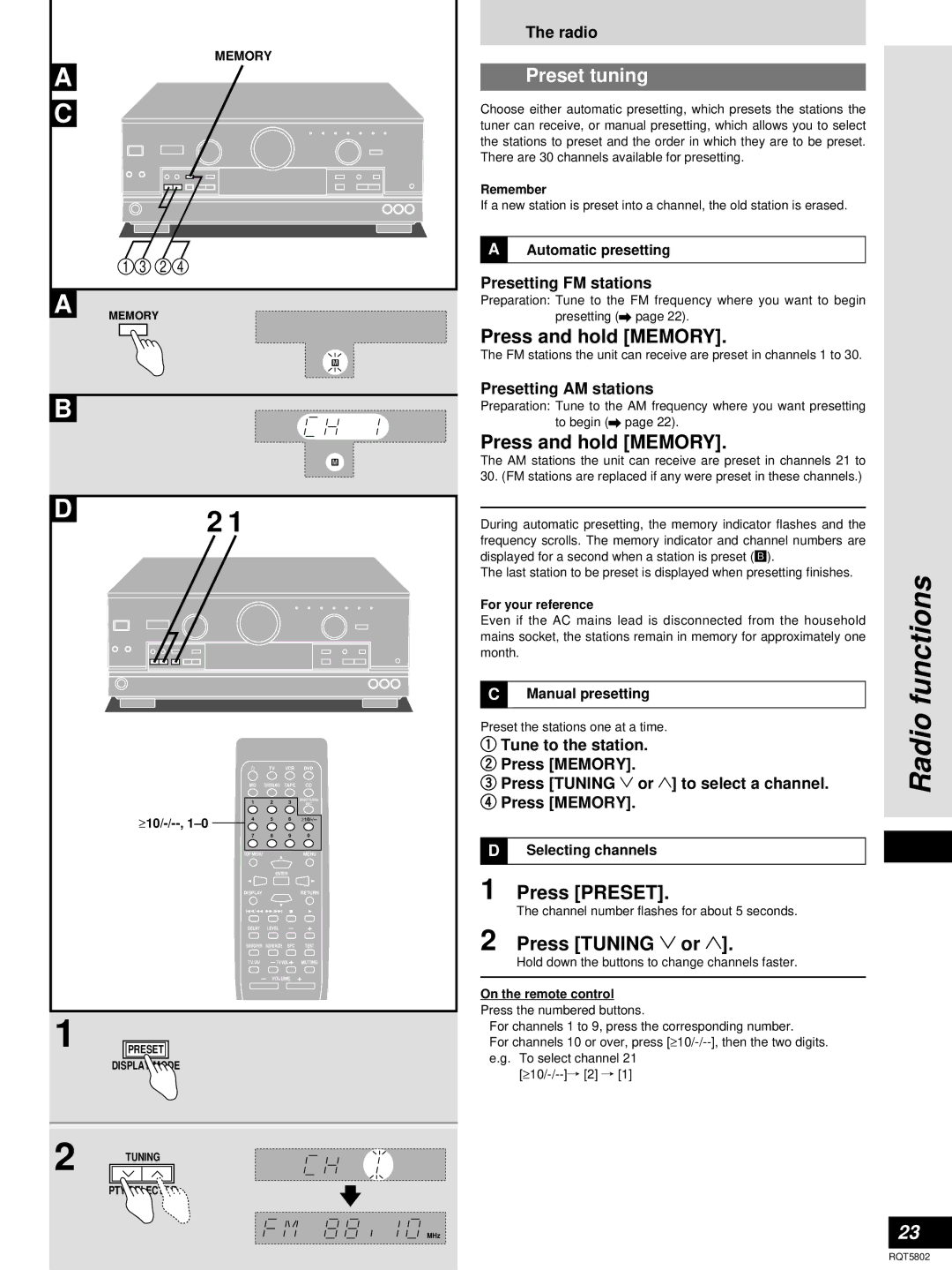 Technics SA-DX950, SA-DX1050 manual Functions, Preset tuning, Press and hold Memory, Press Preset, Press Tuning 2 or 