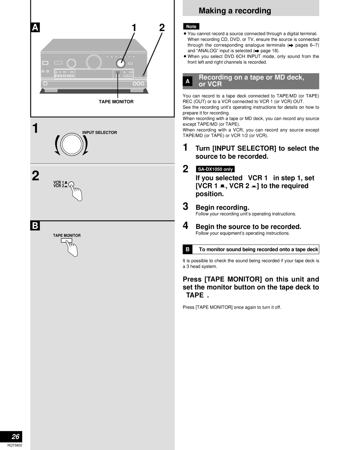 Technics SA-DX1050, SA-DX950 manual Making a recording, Recording on a tape or MD deck Or VCR 