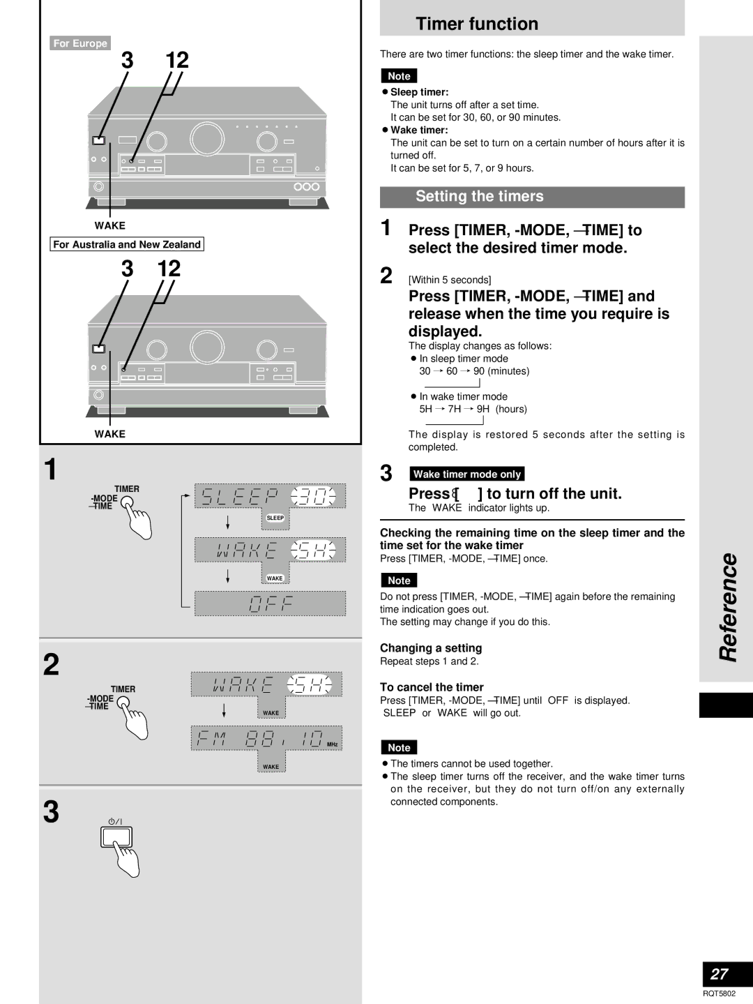 Technics SA-DX950, SA-DX1050 manual Reference, Timer function, Setting the timers, Press 8 to turn off the unit 