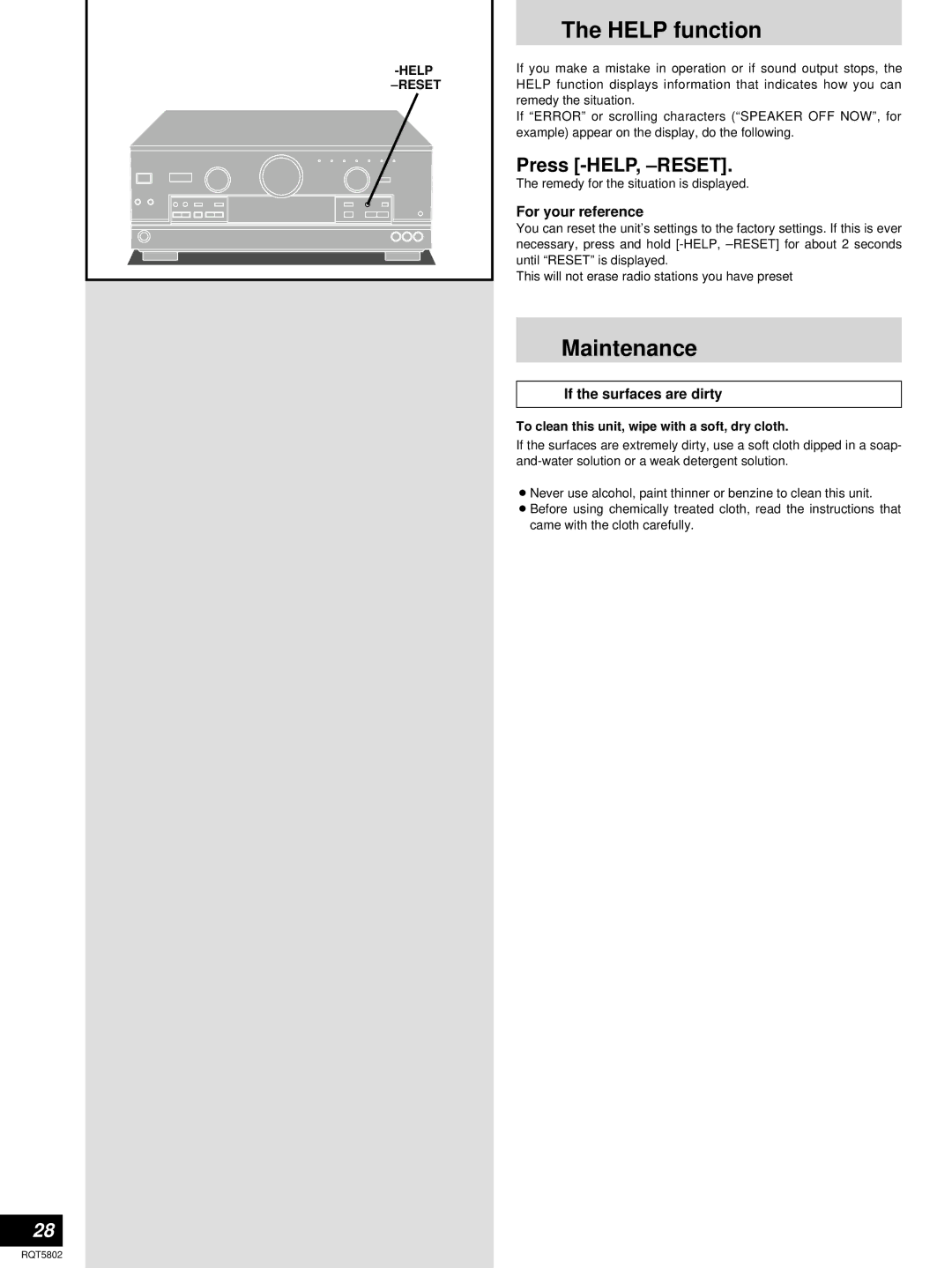 Technics SA-DX1050, SA-DX950 manual Help function, Maintenance, Press -HELP, -RESET, If the surfaces are dirty 