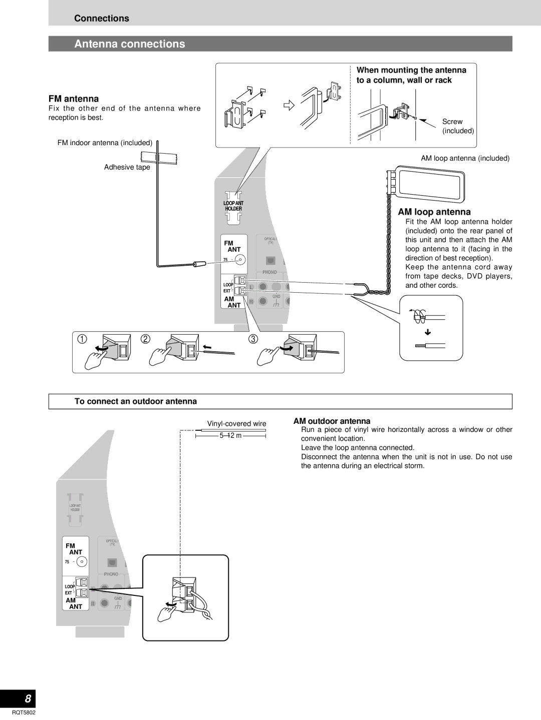 Technics SA-DX1050, SA-DX950 manual Antenna connections, Connections, FM antenna, AM loop antenna 