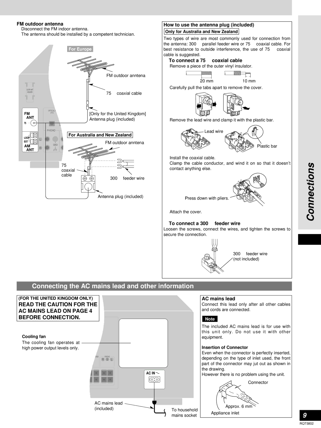 Technics SA-DX950, SA-DX1050 manual Connecting the AC mains lead and other information 