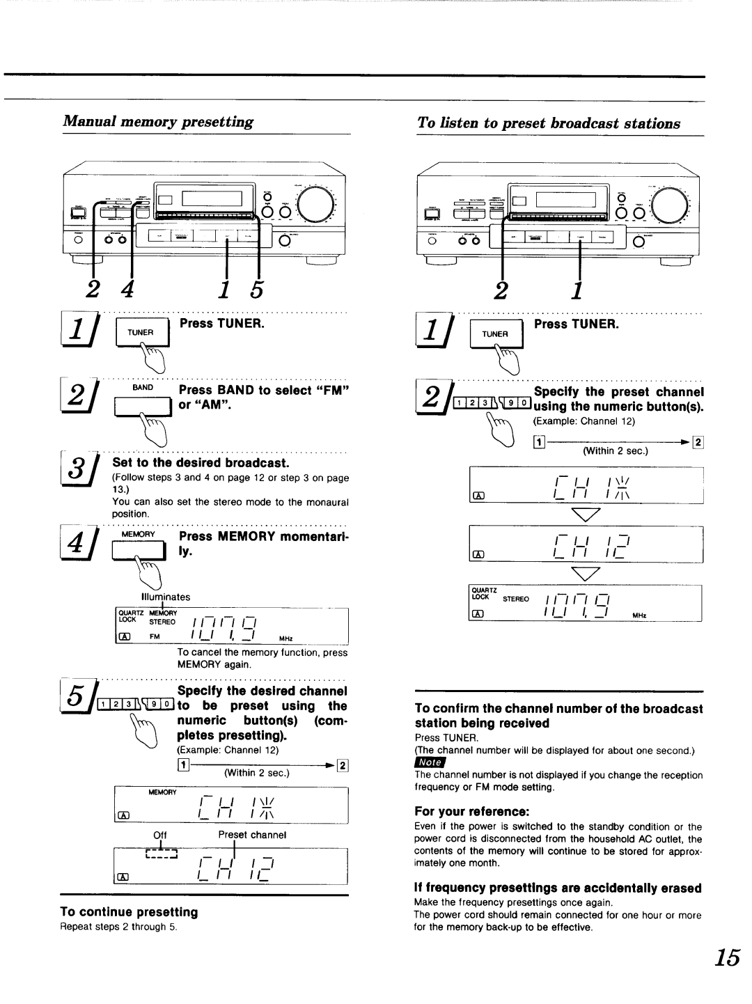 Technics SA-GX 19O Banv Press Band to select FM, To continue presetting, For your reference, Example Channel Within Sec 