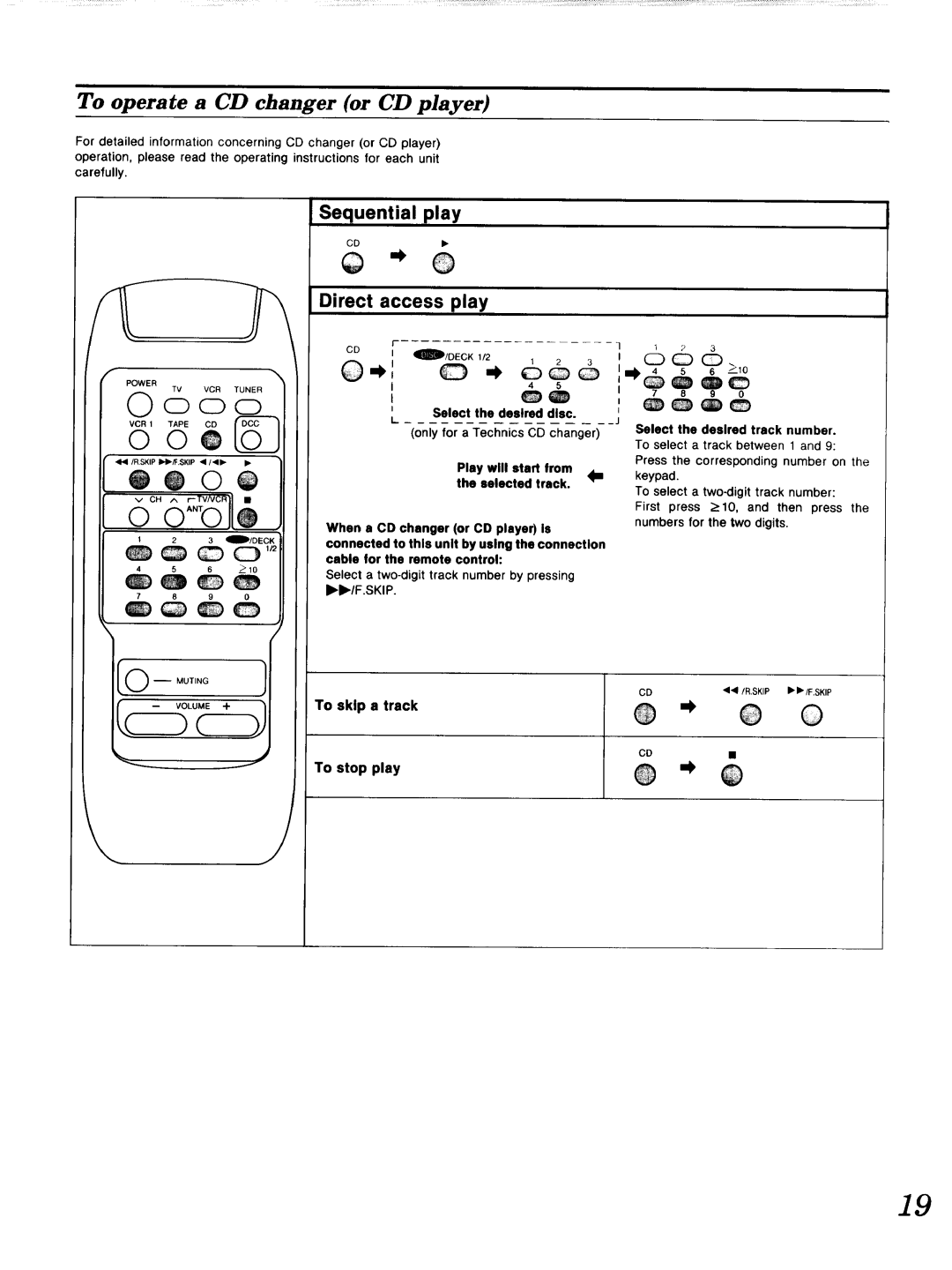 Technics SA-GX 19O manual To operate a CD changer or CD player, Sequential play Direct access play, Select the desired disc 